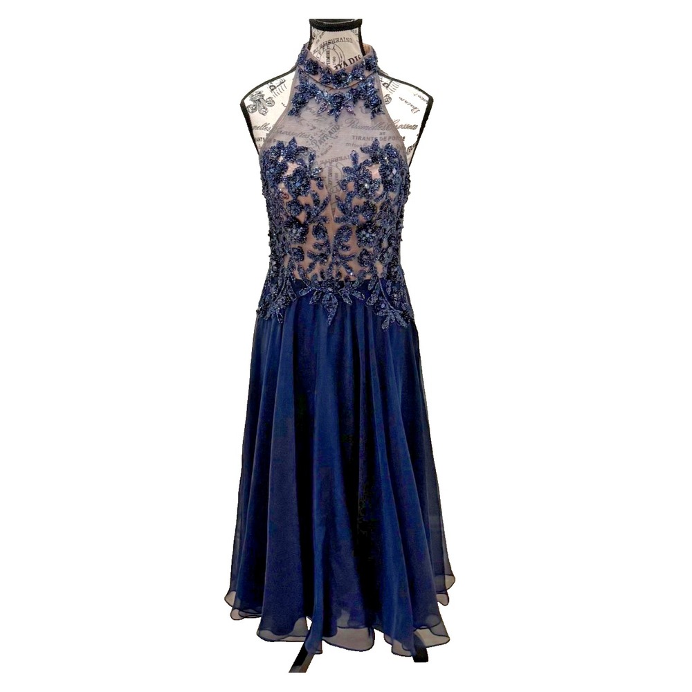 Vintage Dave & Johnny Women's Beaded Tea Length Evening Gown Blue Size 3/4 - Picture 10 of 10